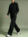 Ensemble de survêtement femme noir veste col montant et pantalon large de loisir. - S / Haut et Bas / Noir