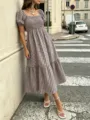 élégante robe longue marron à carreaux vichy manches puff style français femme - S / Marron
