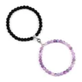 Magnetic couple matching beaded bracelets set with black matte and purple agate beads. - Matte Purple Weathered Stone