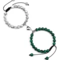 Magnetic couple stone beaded bracelets set, matching black woven adjustable heart charm bracelet. - Black Vein Turquoise and Malachite