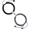 Couple magnetic attraction beaded bracelets handmade woven rope matching jewelry set - Matte Black Weathered Stone