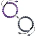 Woven beaded magnetic couple bracelets set, purple and black cracked agate matching hand jewelry. - Purple Black Weathered Stone