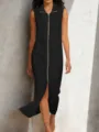 Vestido largo negro sin mangas con cuello alto y cremallera frontal estilo casual. - S / Negro