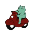 Cute green frog riding a red scooter enamel pin stylish cartoon backpack clothing badge pin - Motorcycle