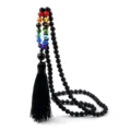 Collar de cuentas chakra 108 boho con borla negra, cadena suéter gema yoga retro. - Esmerilado