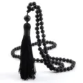 Collar de cuentas mate negras con borla elegante, joyería de rosario de oración. - Esmerilado