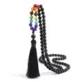 Elegante collana di perline in ossidiana nera e chakra con ciondolo nappa per uomo e donna. - Smerigliato