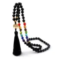 Collar de cuentas negras de 8mm chakra con borla y colgante de árbol de la vida unisex - Estilo Ágata Negra Brillante