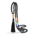 Obsidian Chakra Perlenkette mit goldenem Lebensbaum Anhänger und schwarzer Quaste. - Matter Obsidian