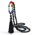 Collana di perle in pietra lavica nera chakra con nappina lunga catena per uomo donna - Volcano