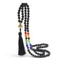 Schwarzes Obsidian-Chakra-Perlenarmband mit goldenem Lebensbaum-Anhänger und Quaste. - Glänzende Obsidian