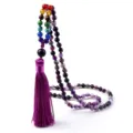 Collier long multicouche bohème 108 perles avec couleurs chakra et pompon violet bijoux. - Agate Rubanée Violette