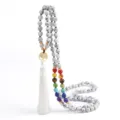 Beaded gemstone mala necklace and multi-layer bracelet with tree of life pendant and tassel. - Black Line Turquoise