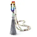 Collier ras du cou perles colorées chakra style bohème multi-couches avec pompon. - Amazonite
