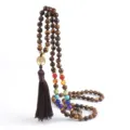 Natural Tiger Eye Stone Beaded Necklace with Tree of Life Pendant and Brown Tassel - Tiger's Eye