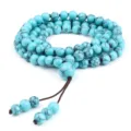 Bracelet mala 108 perles en pierre turquoise bleue avec cordon marron belle variante. - Turquoise Bleue