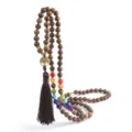 Wooden beaded necklace with tree of life pendant chakra stones brown tassel vintage jewelry item - Wood Beads