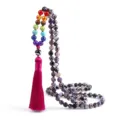 Catena maglione pietra viola perle chakra colorate con nappa rosa per gioielli moda donna - Agata di fuoco viola