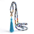 Multi-layer gemstone beaded necklace with tree of life charm and blue tassel. - Lapis Lazuli Agate