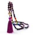 Collana di perle in agata naturale e pietra colorata con ciondolo albero della vita. - Stile Agata a Righe Viola