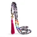 Chakra stone beaded necklace with gold life tree pendant and pink tassel, purple variant. - Purple Fire Agate