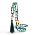 Green Agate Tree of Life Long Bead Necklace Tassel Chakra Pendant Yoga Jewelry Accessory - Green Striped Agate