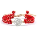 Bracelet tressé de perles rouges fait main avec charme de rose argenté pour femmes - Turquoise Rouge