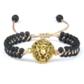 Bracelet Homme Perles Noires Mat Double Couche Tressé avec Pendentif Tête de Lion Or - Lion Mat