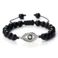 Μαύρο βραχιόλι με χάντρες και φυλαχτό μάτι, κρεμαστό με κρύσταλλα micro-pave, ρυθμιζόμενο. - Χάντρες 8mm / Ματ Ασημί
