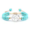 Bracelet tressé double rang en perles de turquoise avec charm Om argenté et liens réglables. - Turquoise Bleu Clair