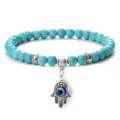 Bracelet de perles turquoise bleue avec breloque main de Fatima mauvais œil bijou mode - Style Turquoise Bleue