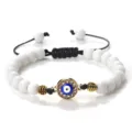 Bracelet de perles blanches avec œil turc, pendentif en cristal bleu et cordon tressé noir réglable - Effet Porcelaine Blanche Matte