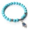 Bracelet de perles turquoise bleue avec pendentif main de hamsa en argent bijoux yoga - Style Turquoise Bleue