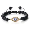 Bracelet de perles en pierre de lave noire avec pendentif oeil maléfique strass chic - Pierre de Lave Or