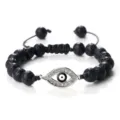Bracelet perles de lave noire mauvais œil, cordon réglable, pendentif zircon scintillant. - Pierre de Lave Argent