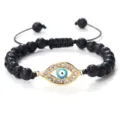 Bracelet de perles en pierre de lave noire avec charm œil maléfique strass, bijou réglable - Noir Lave (Mauvais Oeil Doré)