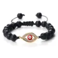 Bracelet perles pierre de lave noire mauvais œil strass rouge pendentif or cordon réglable - Pierre de lave or