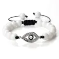 Bracelet tisse de perles blanches mauvais oeil zircone reglable bijoux cadeau - Pierre Blanche Argent