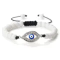 Bracelet de perles blanches avec pendentif œil maléfique et cordon tressé noir réglable - Pierre Blanche Argent