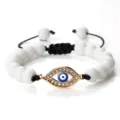 Bracelet perles blanches œil de turc porte-bonheur cordon ajustable style tendance - Pierre Blanche Mate Or