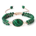 Bracelet tressé réglable en perles de pierre verte avec pendentif ovale à motif pour mode unisexe - Malachite