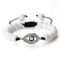 Bracelet tressé perles pierre blanche œil maléfique micro-serti, cordon réglable cadeau. - Pierre Blanche Mate Argent