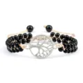 Bracelet de perles noires double couche fait main avec pendentif arbre de vie argenté chic. - Arbre de Vie Brillant