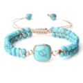 Bracelet bohème en perles de turquoise avec cordon réglable et pierre carrée pour femme et homme - Turquoise Bleue Carré Arrondi