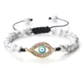 Bracelet perles de pierre blanche avec pendentif mauvais œil doré strass pour femme homme. - Turquoise Blanche (Mauvais Oeil Doré)
