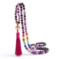 Purple agate beaded mala necklace with gold tree of life pendant and bright pink tassel. - Purple Striped Agate