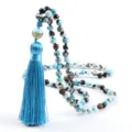 Collar de cuentas azules con borla, cuentas de oración largas flecos de seda azul variante - Ágata de Fuego Azul