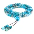 Bracelet et collier multi-tours 108 perles en agate bleue avec nœud traditionnel. - Agate Bleue Rubanée