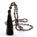 Pulsera de cuentas de ojo de tigre y hematita con borla marrón, rosario elegante. - Irregular