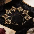 Gothic Baroque gold halo crown headband with black gems, ideal for Lolita cosplay and dark theme parties. - Gold Black
